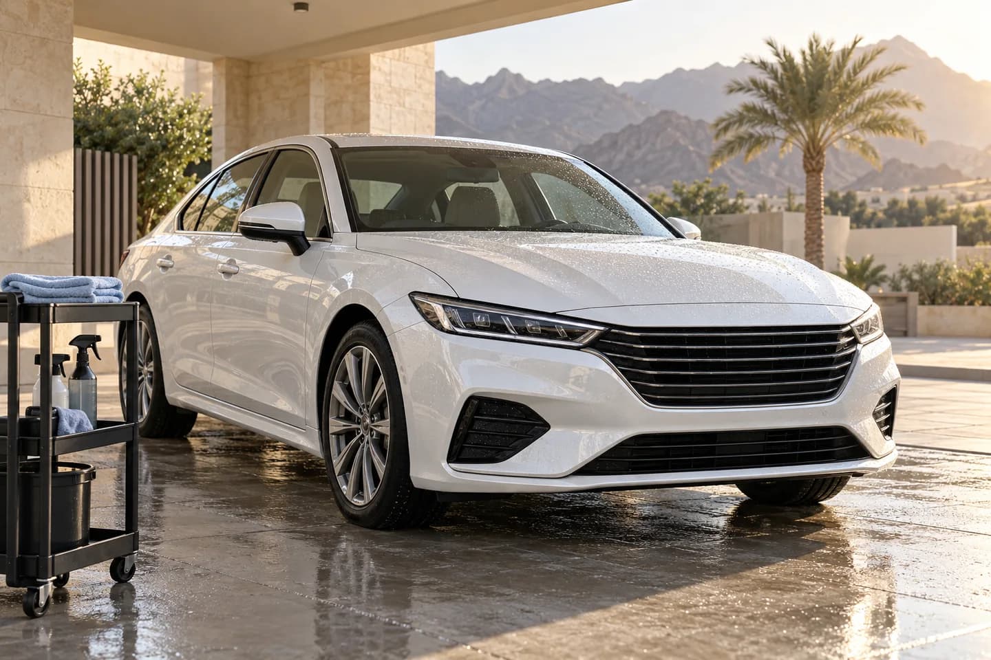 Freshly washed white sedan under a shaded carport with blue microfiber towels.